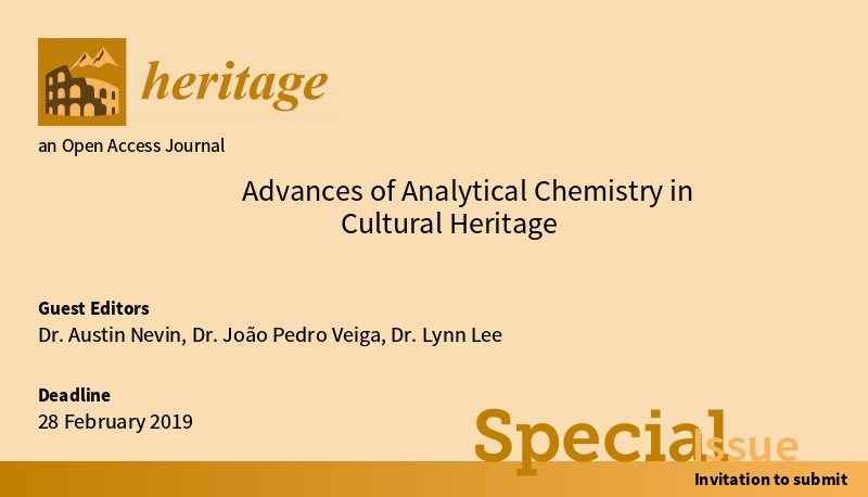 Heritage_MDPI's tweet image. New Special Issue:  Advances of #AnalyticalChemistry in #CulturalHeritage 
Edited by Dr. @AustinNevin, Dr. @JotaPVeiga and Dr. Lynn Lee
 #AnalyticalMethod 
#infrastructure  
#Material 
Homepage is available at: mdpi.com/si/18935 
⏳Deadline: 28 February 2019