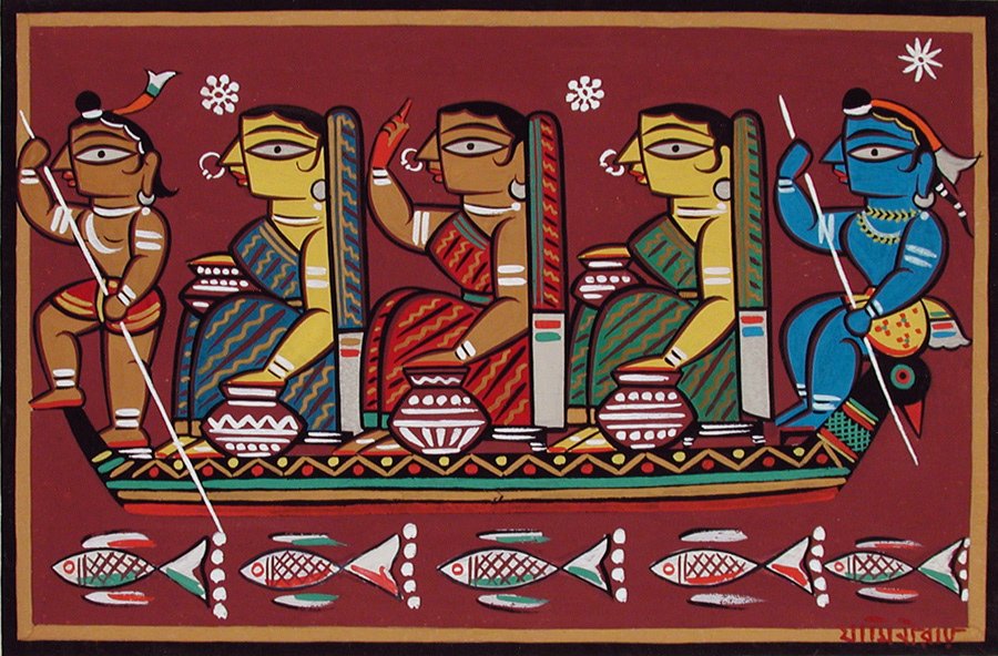  #JaminiRoy created  #NandGaon  #Vrindavan etc in  #Bengal inspired by  #folkpainting &  #KalighatPainting  #Kalighat in his master  #paintings  #Balram &  #Krishna with  #Women going to sell  #Milk or  #Buttermilk  #Butter on  #boat, theme is local  #Bengal bu concept is  #Krishna bhakti