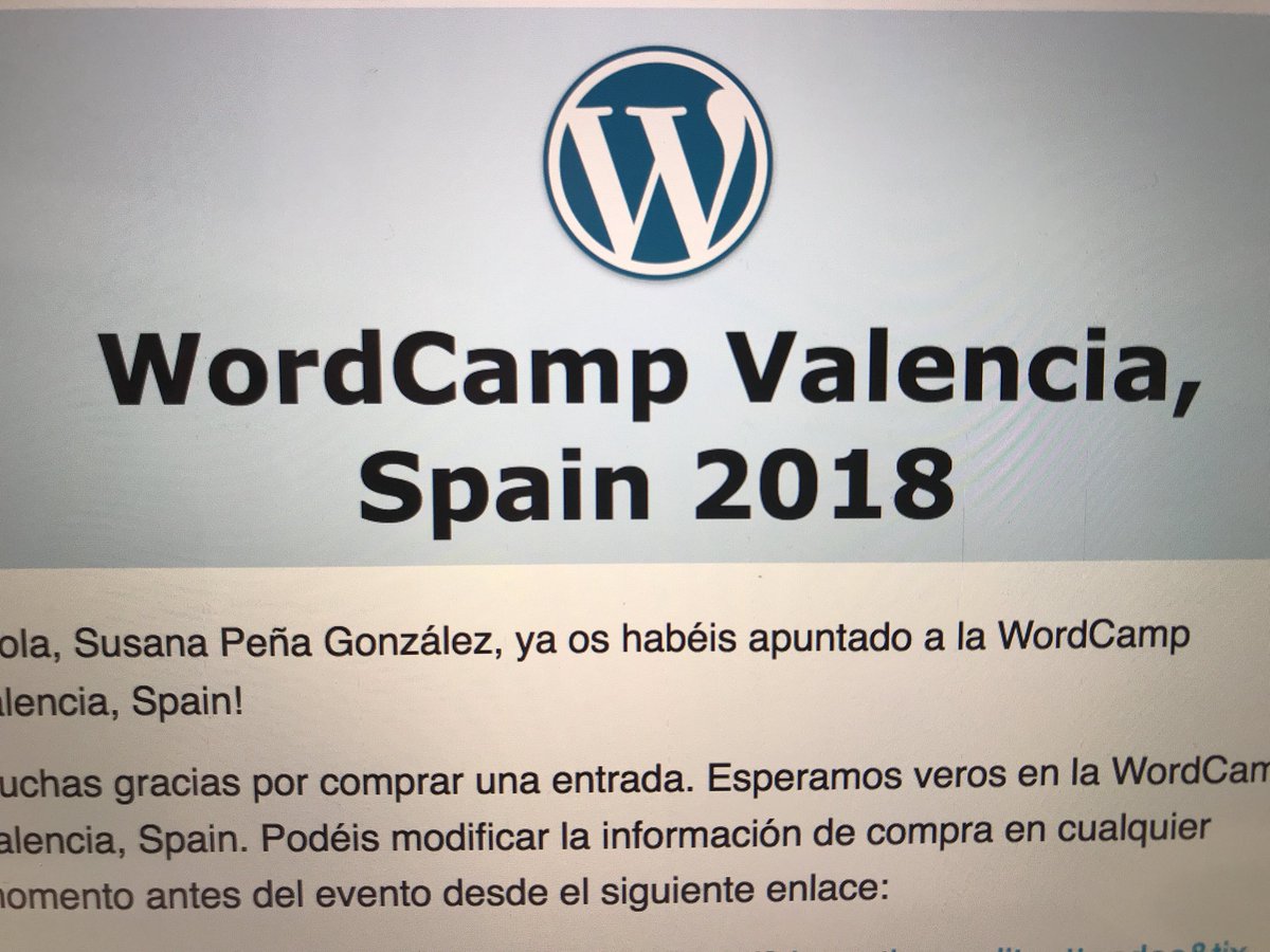 regazpacho's tweet photo. Nos vemos en @WCValencia 
Qué alegría 😁 por todo el cuerpo 👏🏻 👏🏻 👏🏻 
Es mi segunda después de @WordCampMad 2017. https://t.co/MK5UMR26rC