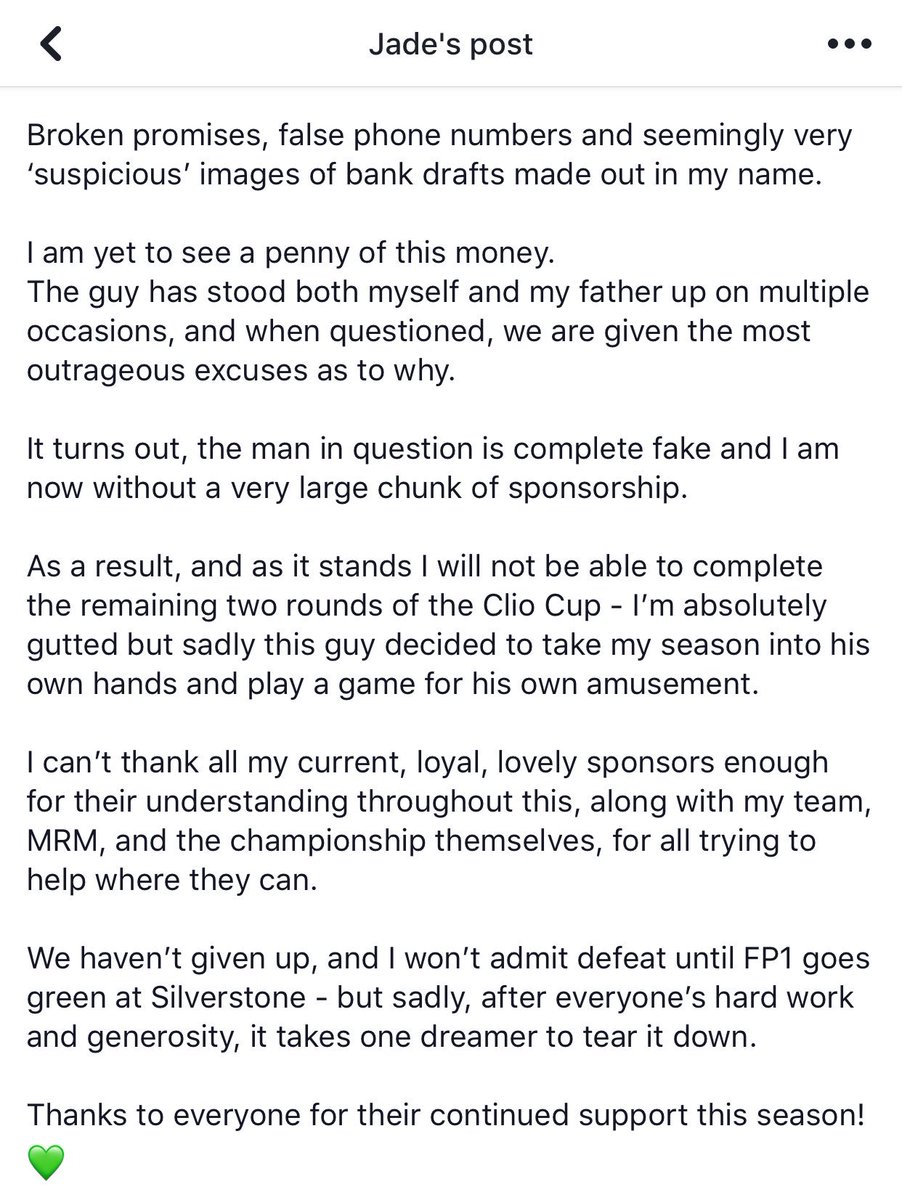 JadeEdwards9's tweet image. A tough Clio Cup update to post... 

A sponsorship scam that has taken away the chance to finish the season. 

A huge thanks to all my current, loyal sponsors for everything 💚
