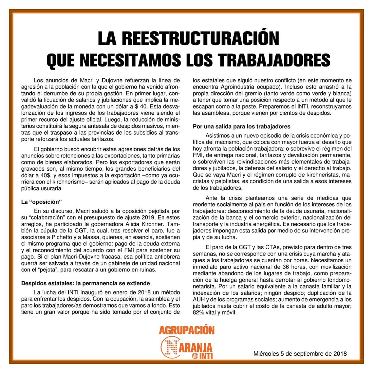 LaNaranjaINTI's tweet photo. LA REESTRUCTURACIÓN QUE NECESITAMOS LOS TRABAJADORES

#EnIntiNoSobraNadie #SobranLosVaciadores #FueraMacri #AbajoLosDespidos https://t.co/DT2UsjK0yy
