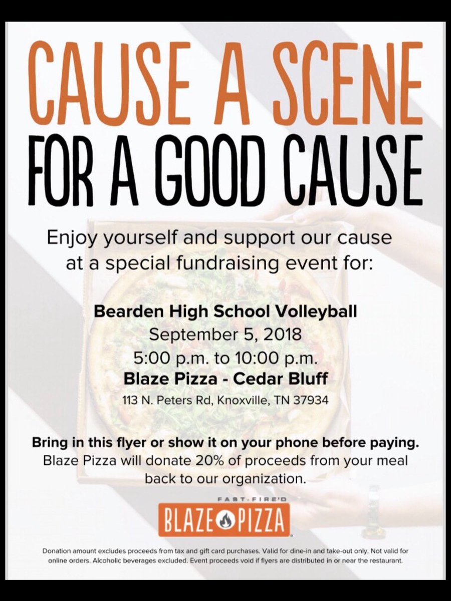 Come to Blaze Pizza on North Peters Road tonight and support the Bearden Volley Dogs Fundraiser!  5:00 until 10:00 🏐 🍕  Bring this flyer or show it on your phone when you go through the line.  Delicious pizza and a great way to help the Bearden Volleyball program! 🍕🏐🐶