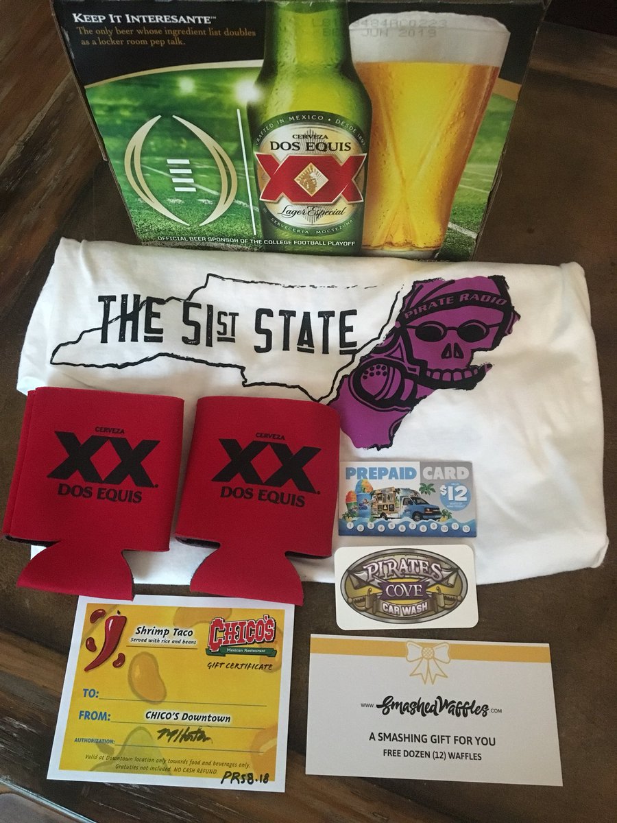 GIVEAWAY ALERT >>> RT &amp; Follow for a chance to win a NEW #PirateRadio 51st State T-Shirt and these awesome prizes  from <a href="/CoastalBeverage/">Coastal Beverage Co.</a> <a href="/KonaGreenville/">KonaIce GreenvilleNC</a> <a href="/SmashedWaffles/">Smashed Waffles</a> #Chicos #PiratesCoveCarWash
#Stations4Winners 
#WinItWednesday