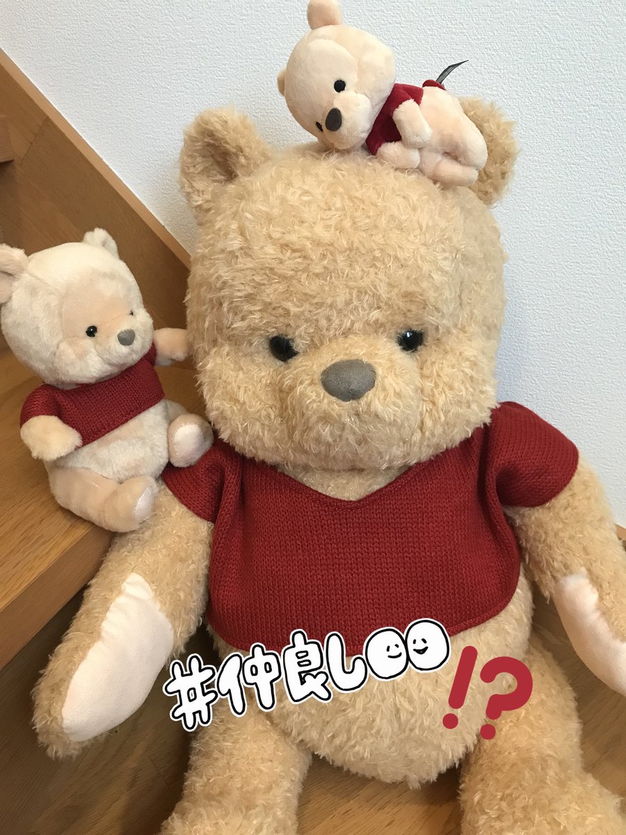 なほ プーさんのリアルサイズぬいぐるみ 買っちゃった プーさん買い過ぎだから迷ったんだけど 後で後悔しそうだったから 買った でも買ってよかったー 可愛いよ なんか下向いてたけど ちびプーと一緒になったら元気になったー