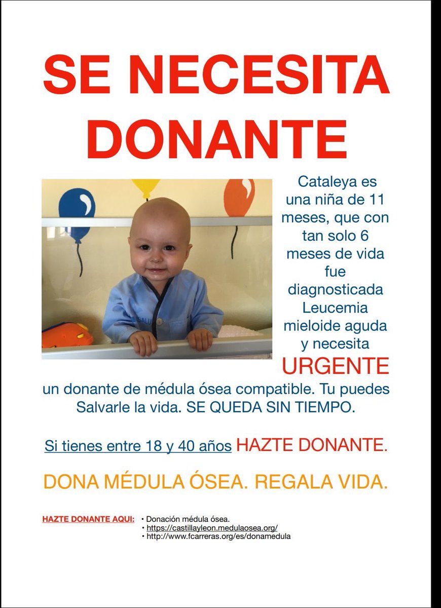 🔊LLAMAMIENTO🔊

La pequeña #Cataleya, de 11 meses, necesita urgentemente un transplante de médula tras cinco meses ingresada en el Clínico y cinco ciclos de quimioterapia.

Pedimos que, por favor, os animéis a donar médula para encontrar un donante compatible lo antes posible.