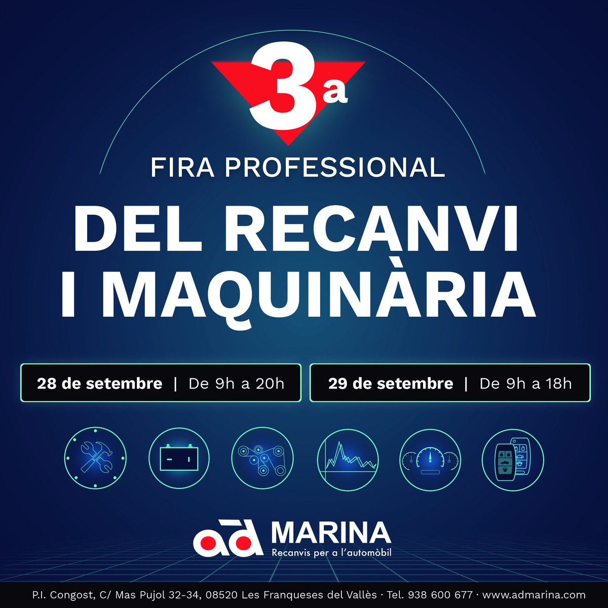 ad_marina's tweet photo. Els dies 28 i 29 de setembre celebrem la 3ª Fira Professional del Recanvi i Maquinària. 

Entra a la nostra web https://t.co/i98bgzeRk9 i reserva la teva plaça!

- Demostracions pràctiques
- Xerrades tècniques  
- Ofertes exclusives
- Participació de més de 70 proveïdors https://t.co/7ZSLHYJkFV