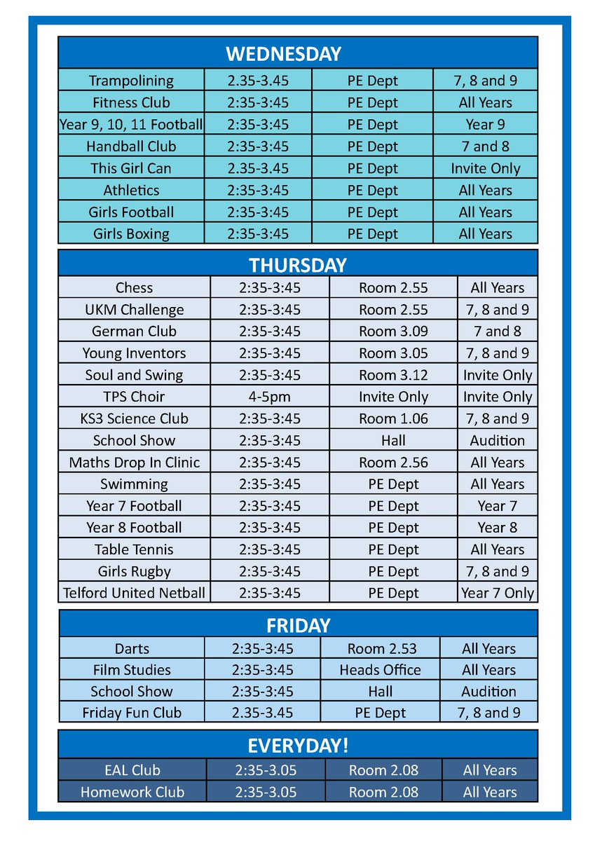 telfordpriory's tweet photo. WOW WOW WOW!! All clubs launch on Monday! Special Year 7 Friday Fun this week!! We now have 58 Clubs a week! This is amazing. Please share. #TPSNews https://t.co/4Mp6phzegu