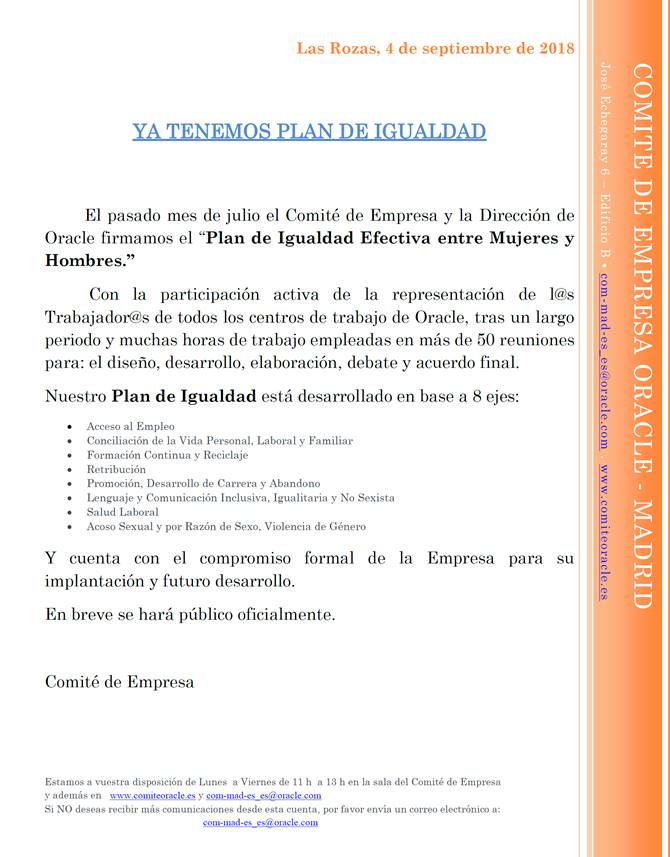 ComiteOracle's tweet image. Ya tenemos Plan de Igualdad!!!
Un camino largo y laborioso pero mereció la pena. Ahora, a implantarlo... #ComiteOracle #PlanDeIgualdadOracle