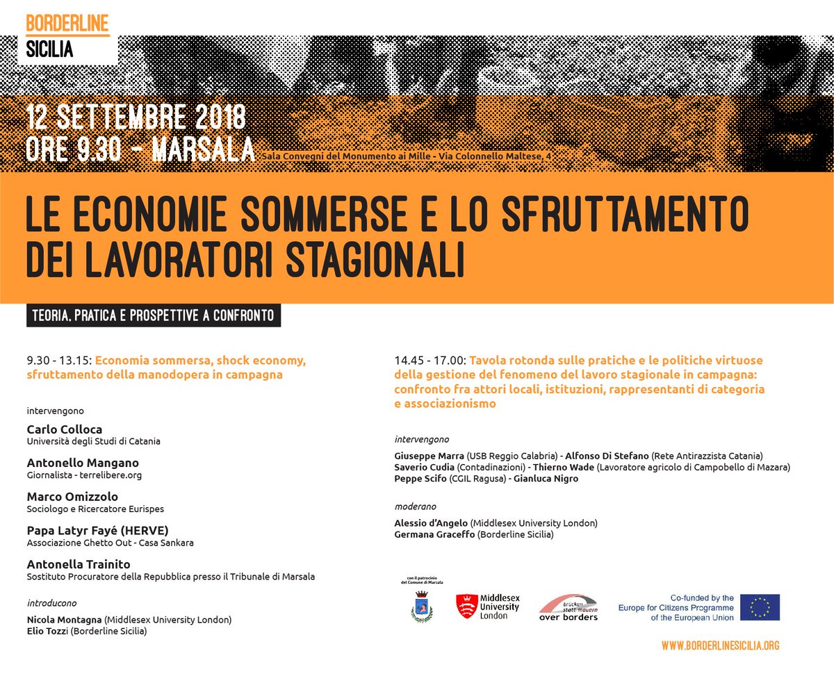SPRCmdx's tweet photo. Underground economy and migrants exploitation.

Our latest event on #migration in the Mediterranean will take place on September 12th in #Marsala (Italy). In partnership with @borderlinesici1 
https://t.co/0tPB2R8YIw https://t.co/bDvL2BjoWU
