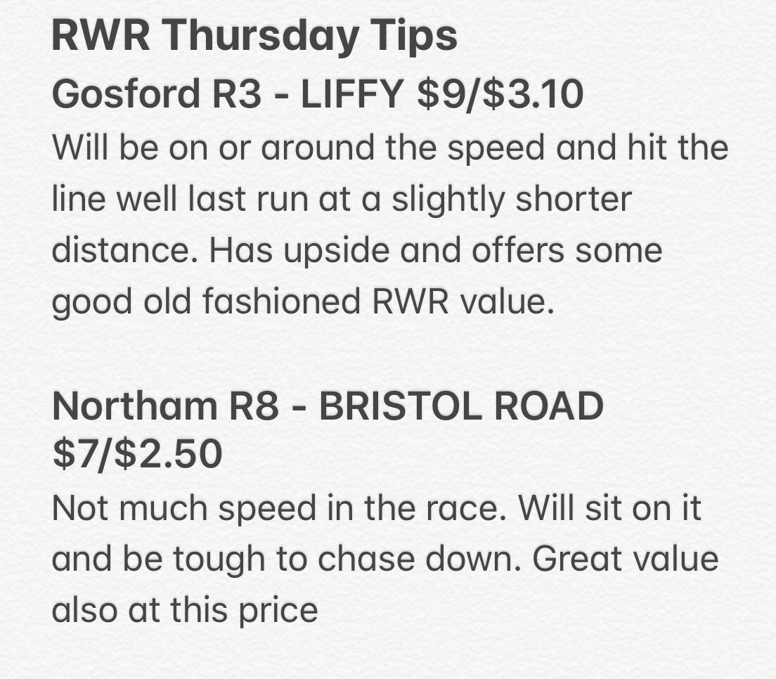 RacingRacko's tweet photo. Racing with Rack Tips - Thursday:

Cheeky bit of value to be had. Look to go for a couple of smaller 1unit win/ 3 units place bets on these bad boys. Happy puntin’ #rwr #racing #tips https://t.co/PVfQ7yeoNP