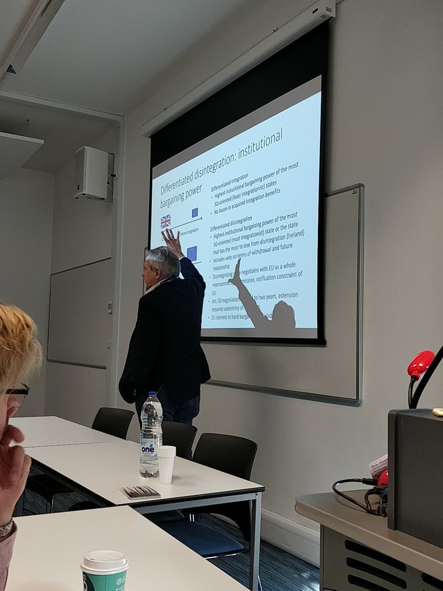 UACES_Brexit's tweet photo. What are the key differences between differentiated integration and disintegration in terms of institutional bargaining power? Frank Schimmelfennig identifies Ireland as the most affected state. "It is remarkable how it manages to hold hostage all other states" #UACES2018 https://t.co/iYqsz7V6CM