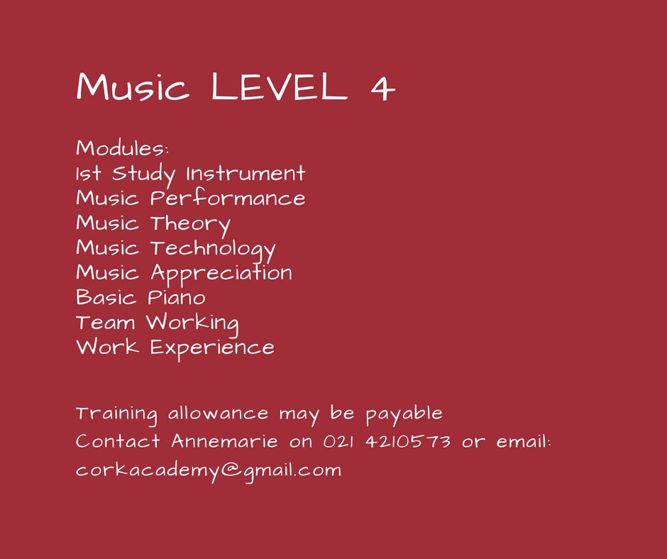 corkacademy's tweet photo. Limited places available on our Level 4 Music course. Apply today. admin@corkacademyofmusic.ie #corkacademyofmusic #music #level4 https://t.co/2WgxwJzDzf