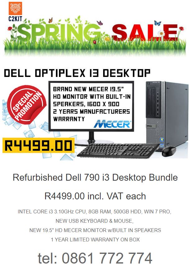 C2KIT's tweet image. Spring is here! Grab this Dell desktop with a brand new Mecer HD 19.5" Monitor w/Built In Speakers and New Keyboard &amp;amp; Mouse for R4499.00 incl. VAT

#spring #springfever #computerdeal #brandspankingused #c2kit Subject to C2KIT standard T's and C's