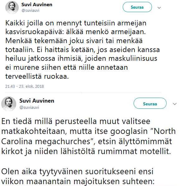 vko 34: tunne ilmastotuskaa kun varusmies ei halua kasviruokalautasta kanan sijaan, CO2-ekvivalentti 0,1kg CO2
vko 37: lennä jenkkeihin, CO2-ekvivalentti 970kg CO2
#jeesustelu #kukkakaalipirtelö #vihreat