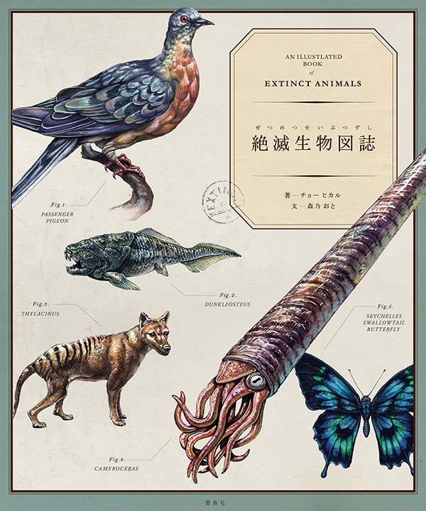 聞いて！！！ください！！！今日から手紙社さんというところで、絶滅生物図誌の原画展を開催しています！！！
イラストボードに描いたマジの原画を展示してます。しかも併設のカフェで図誌に出てくるものが食べられるというマジ夢実現大事件、、い… 