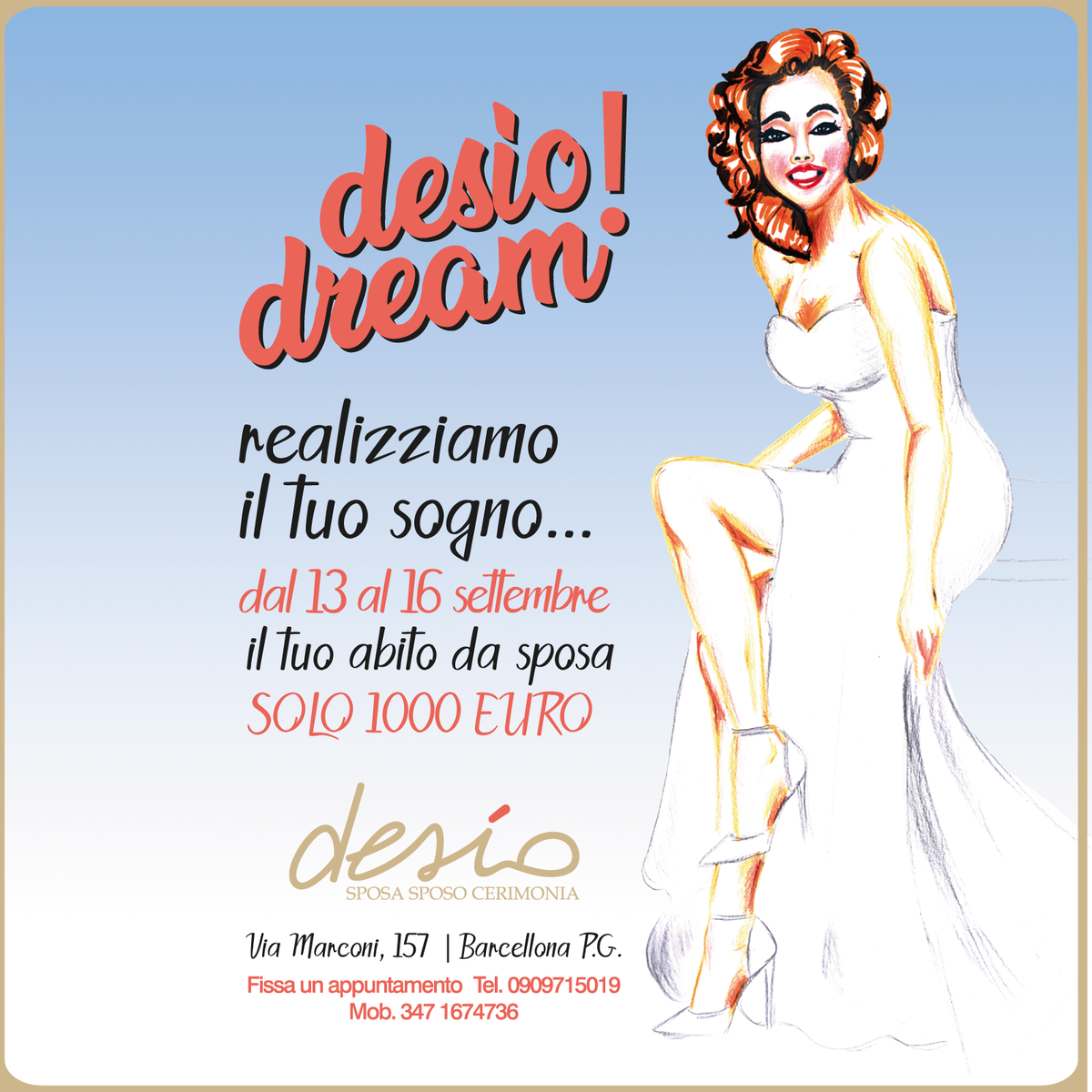 desiosposa's tweet photo. La #promozione più attesa dell’anno è arrivata!!! Solo il 13, 14, 15 e 16 settembre abbiamo selezionato alcuni dei nostri #abitidasposa più esclusivi a #1000euro. Prenota il tuo appuntamento! 090 971 5019 | 347 1674736 
info@desiosposa.it 
Via Marconi 157 - Barcellona P. G (ME) https://t.co/ldRrMA1qFM