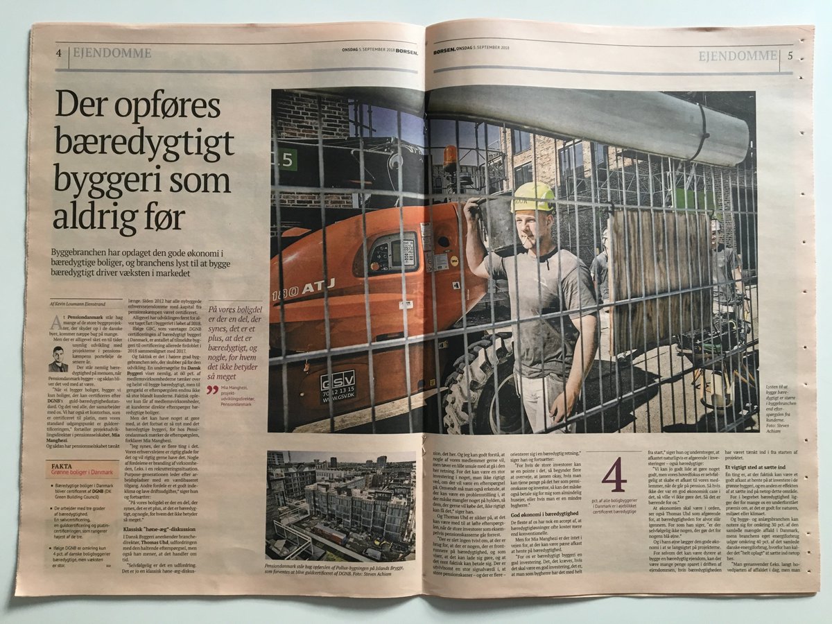 I dagens udgave af <a href="/borsendk/">Børsen</a> giver <a href="/MangheziMia/">Mia Helvig Manghezi</a>, @PensionDanmark &amp; @UhdThomas ,@DanskByggeri  deres bud på, hvorfor der er en signifikant stigning i antallet af bæredygtige byggerier i Danmark.Det er en fin artikel, som er en indikation på, vi er på rette vej #dkbyg #dkpol #dkbiz