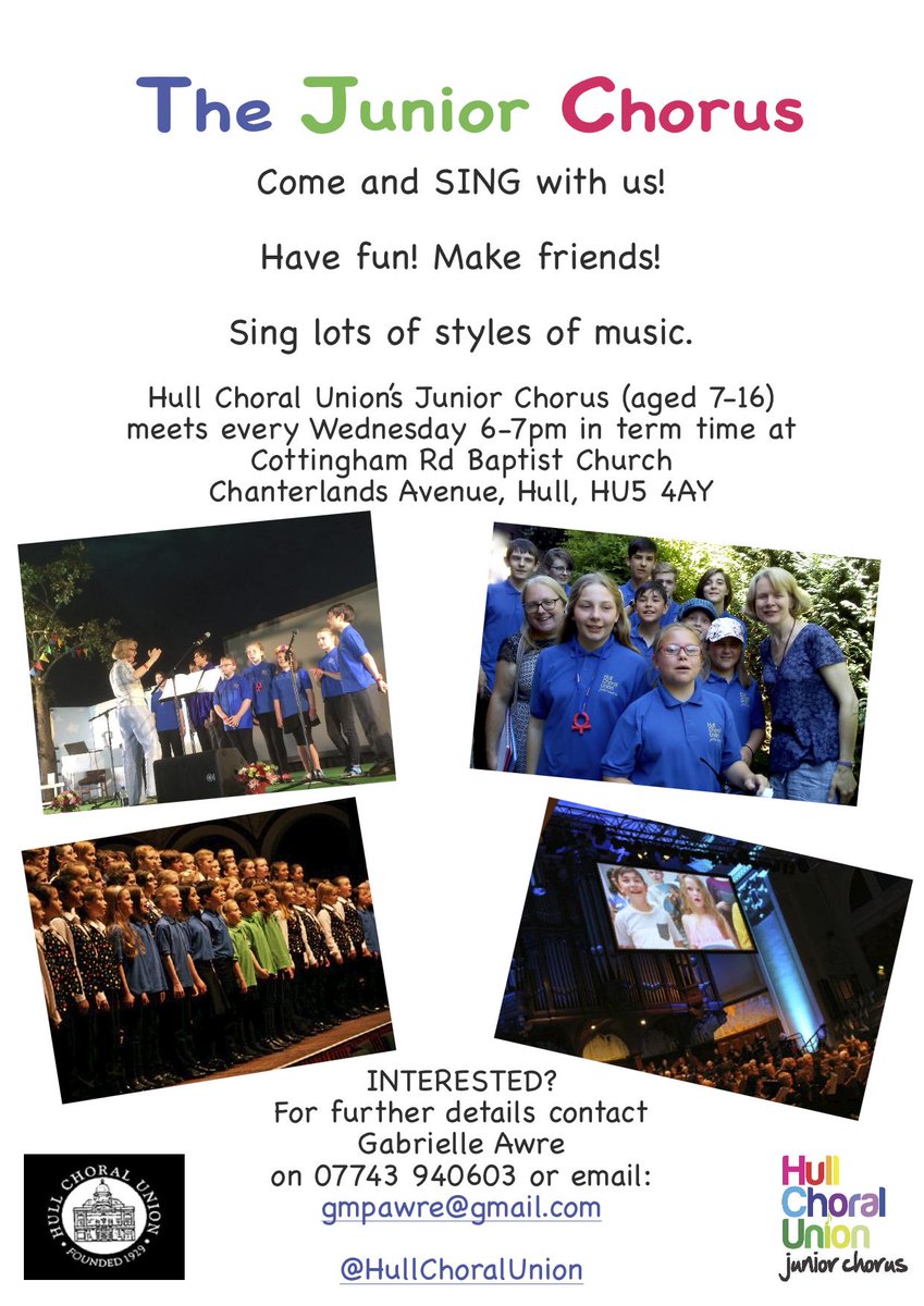 Gabrielle Awre (@gabrielleawre) on Twitter photo For young singers 7-16..Come and try our choir! The Junior Chorus,(Hull Choral Union) sing on Wednesdays 6-7pm during term time,Cottingham Road Baptist Church, Chanterlands Avenue. Please contact Gabrielle Awre on gmpawre@gmail.com. text 07743 940603.Starts 12th Sept, £3 p.w For young singers 7-16..Come and try our choir! The Junior Chorus,(Hull Choral Union) sing on Wednesdays 6-7pm during term time,Cottingham Road Baptist Church, Chanterlands Avenue. Please contact Gabrielle Awre on gmpawre@gmail.com. text 07743 940603.Starts 12th Sept, £3 p.w