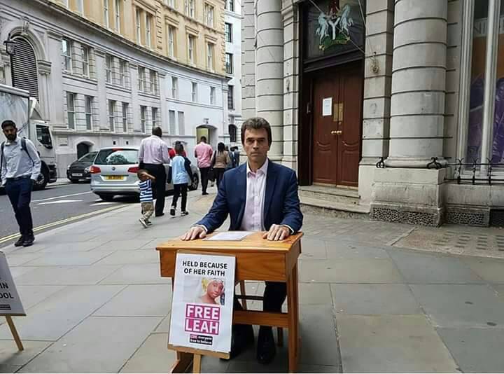 British MP Thomas Brake in front of the Nigerian High Commission London to bring attention to the #FreeLeah campaign 

Leah Sharibu is the only Dapchi girl still in Boko Haram captivity