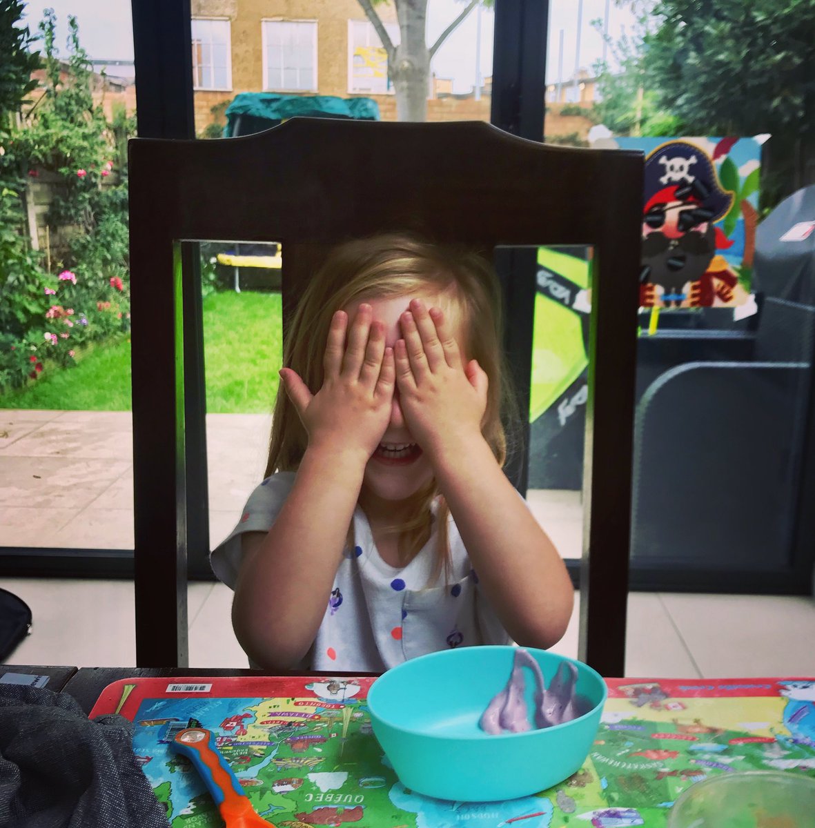 delgarno's tweet photo. Hide! Hide! I don’t want her ever to grow past the age where this is not hiding. I want to be the age again when this is hiding. #breakfastthismorning #kids https://t.co/W1UfiXpVWz