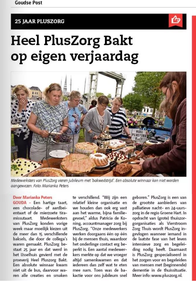 Om ons 25-jarig jubileum te vieren, organiseerden we vorige week dinsdag een Heel PlusZorg Bakt evenement voor onze medewerkers. Het was een fantastische middag met heerlijke baksels, leuke muziek en gezellige gesprekken. De Goudse Post kwam even langs om de sfeer te proeven.