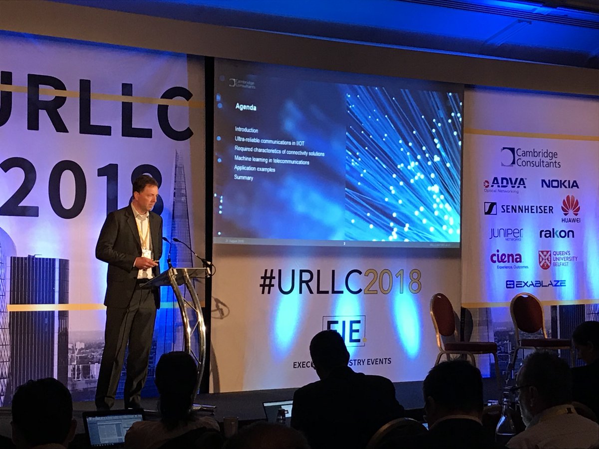 5G_URLLC's tweet photo. Our Diamond sponsor @CambConsultants are up next. Derek Long is here to talk to us about #machinelearning and advancing ultra-reliable communications #URLLC2018 #5g #conference #urllc https://t.co/jT43ADvmCm