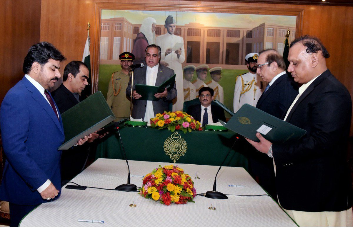 NasirShahOffice's tweet photo. Governor #Sindh Imran Ismail administered oath to the newly-elected MPAs with their respective portfolios, as follows:

1. Syed Nasir Shah: Works &amp; Services.
2. Imitaz Shaikh: Energy Ministry
3. Mukesh Chawla: Excise, Taxation &amp; Narcotics
4.Faraz Dero: Auqaf, religious affairs. https://t.co/zErSlBLvie