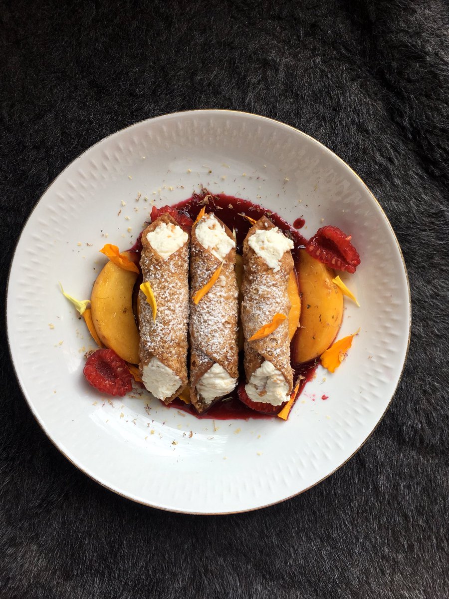 All new desserts! Caramelized white choc ricotta cannoli, torched peach, raspberry #Boralia #59ossington #canadiancuisine