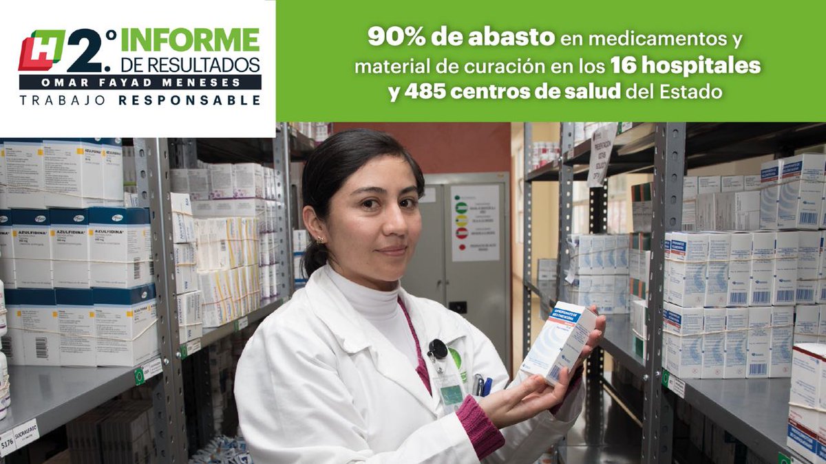 omarfayad's tweet photo. Aumentamos al 90% el abasto de medicamentos y material de curación en los 16 hospitales y 485 centros de salud del estado. #TrabajoResposanble. https://t.co/7y69qmFmEc