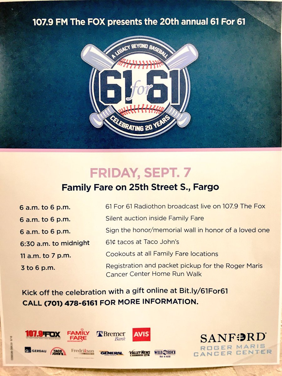 SanfordHealth's tweet photo. The annual #61For61 events are this Friday and Saturday benefiting the #RogerMaris Cancer Center and the local patients fighting #cancer. Tune into @ValleyNewsLive for details on the events! https://t.co/rjpE8eOFvj