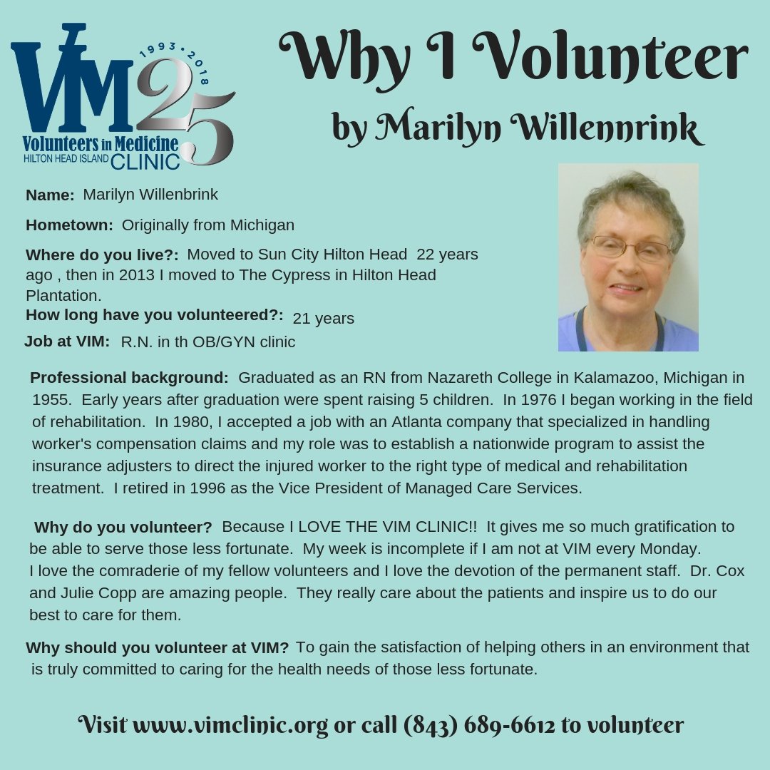 vimhhi's tweet photo. Want to know why you should consider volunteering here at our clinic? It isn't hard to see why when you hear from one of our volunteer nurses, Marilyn Willenbrink. https://t.co/4unEHddzk2 #VIM25 #VIM #freeclinic #giveback #hiltonhead #volunteer #whyivolunteer https://t.co/dOsXmmSCe2