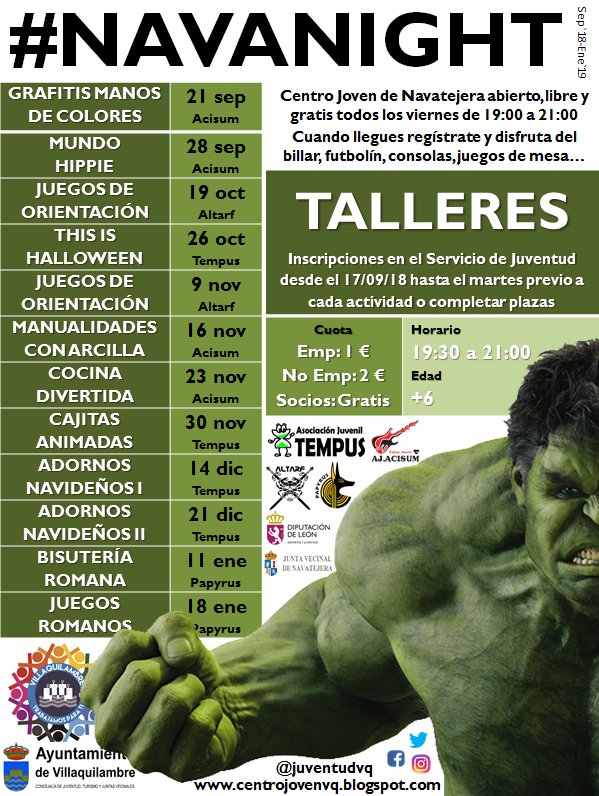 juventudvq's tweet photo. El #navanight de este año contará con la participación de más asociaciones que nunca, con talleres y actividades organizadas por asociaciones juveniles del municipio!! Apúntate a los talleres a partir del 17 de septiembre!! +info en https://t.co/fjeRIGAMGV https://t.co/mbtsbDpExr