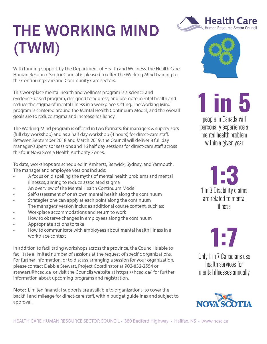HCHRSC is hosting The Working Mind in New Glasgow, Antigonish, Halifax and Bridgewater starting soon! Contact Debbie Stewart at 902-832-2554 or
stewart@hcsc.ca or visit hcsc.ca for more info and dates