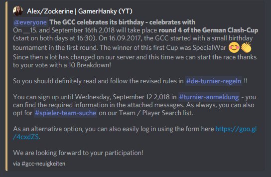 Der GCC feiert am 15.09 und 16.09. Geburtstag - feiert mit uns!
Die Anmeldung für unser 4 tes Turnier läuft noch eine Woche und wir wollen euch dazu einladen mit uns zusammen Geburtstag zu feiern. 

Anmelden könnt ihr euch ganz bequem über unser Formular: goo.gl/4cxdZS