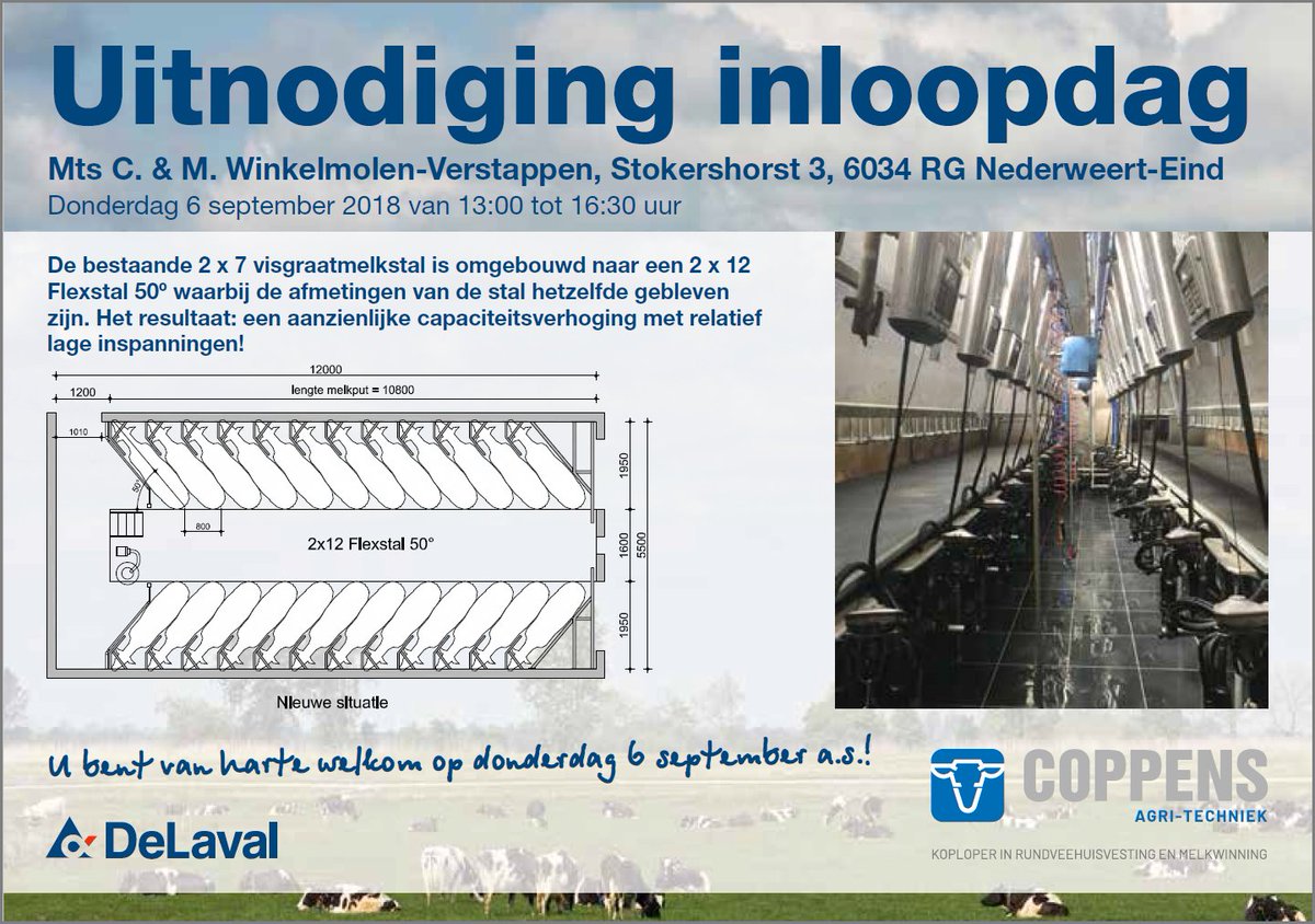 Morgen een inloopdag bij Mts Winkelmolen-Verstappen in Nederweert-Eind. Hier is de bestaande 2x7 visgraatmelkstal omgebouwd naar een 2x12 Flexstal 50°. Een aanzienlijke capaciteitsverhoging met relatief lage inspanningen. delaval.com/nl/over-ons/nl…
