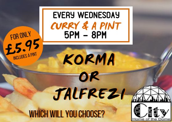Citybarswansea's tweet photo. It's Curry &amp; A Pint Night🍻

For JUST £5.95 you get to choose between two delicious homemade curries:

Chicken Korma or Chicken Jalfrezi

And don't forget... A PINT!

💥OUR LAST CURRY NIGHT ON A WEDNESDAY!💥

#fooddeals #currynight #citybarswansea https://t.co/FEVGz0PwOw