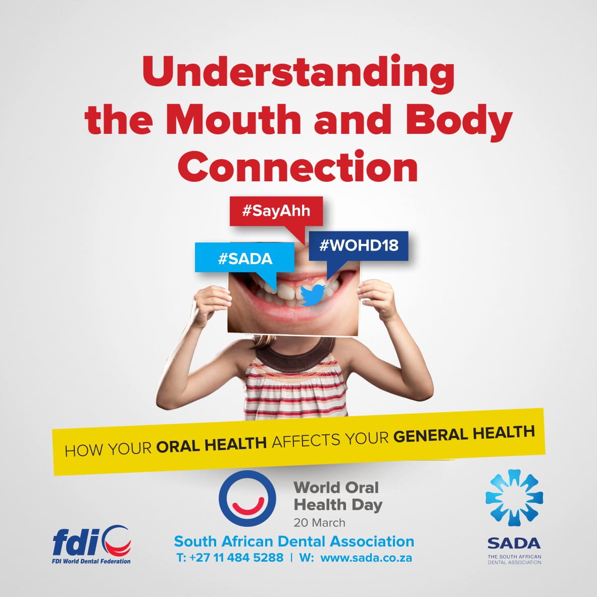 SADentalAssoc's tweet photo. Do you understand the connection between the mouth and the body? 
Stay tuned this month as we bring more interesting information around World Oral Health Month 2018.
#SayAhh, #WOHM18 #ThinkMouthThinkHealth https://t.co/Y6EqCGHGKj