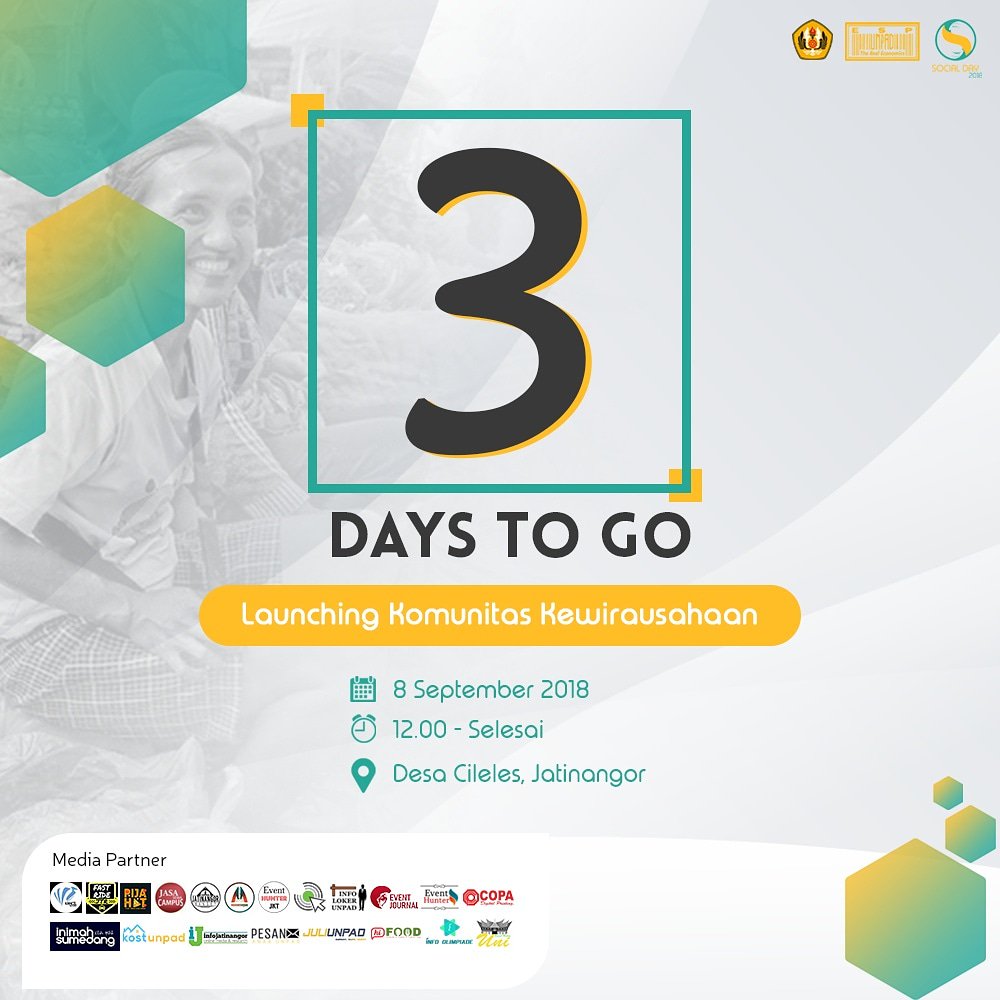 SocialDay2018's tweet photo. [D-3 to Launching Entrepreneurial Community]

Launching Entrepreneurial Community with theme 'Growing Entrepreneurship to Advance  Young Generation' is the second event in Social Day 2018 that will be held on 8th of September 2018 at Cileles Village. https://t.co/4qoht9CH5g
