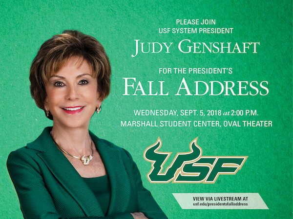 USFHealth's tweet image. Today's the day! #USFSystem President Judy Genshaft's fall address will be TODAY at 2 pm in the @USF_MSC. Can't make it? Watch via Livestream: usf.edu/presidentsfall….