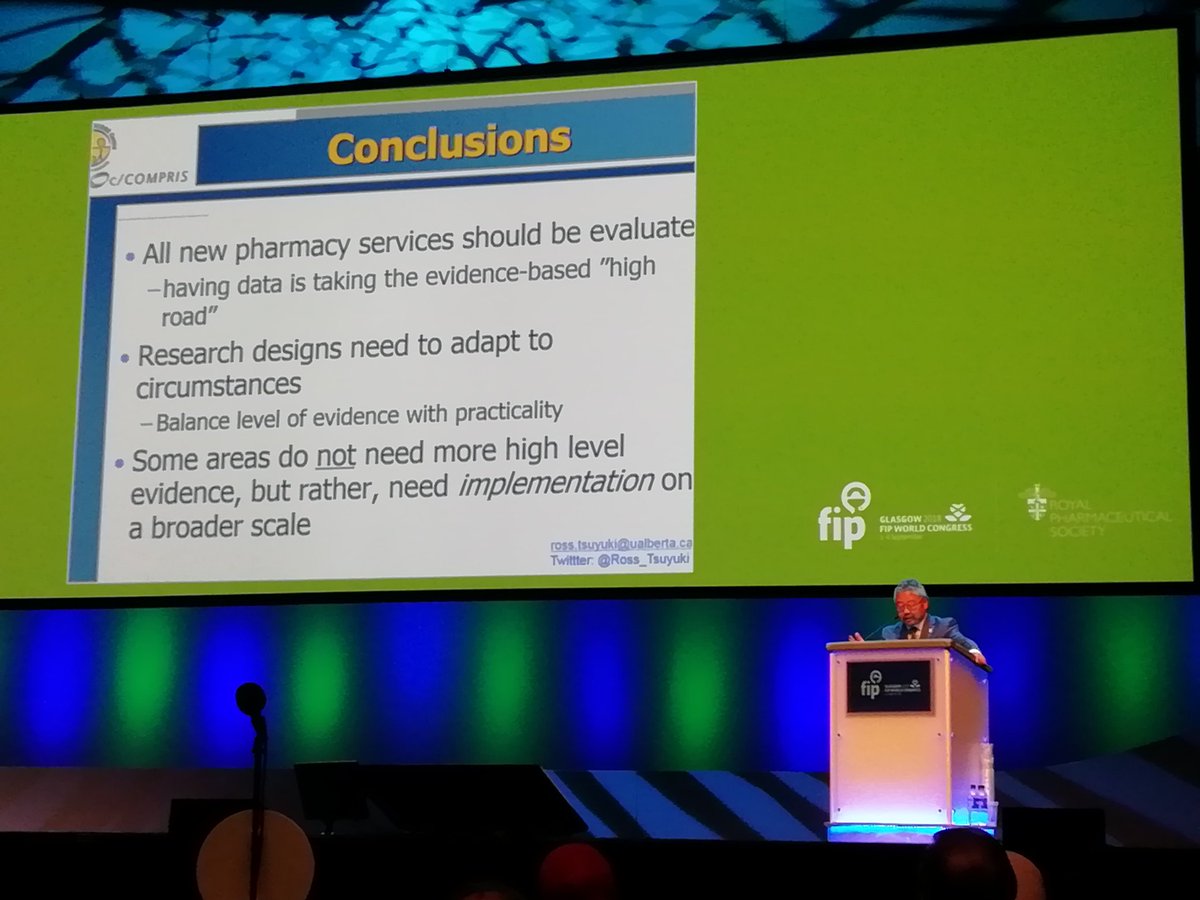 "It is a mistake to not evaluate new pharmacy services, even if it is not a RCT". Very interesting talk by <a href="/Ross_Tsuyuki/">Ross Tsuyuki, BSc(Pharm), PharmD, MSc, FACC, FCAHS</a> about improving #pharmacy #research | #FIP2018 #FIPcongress