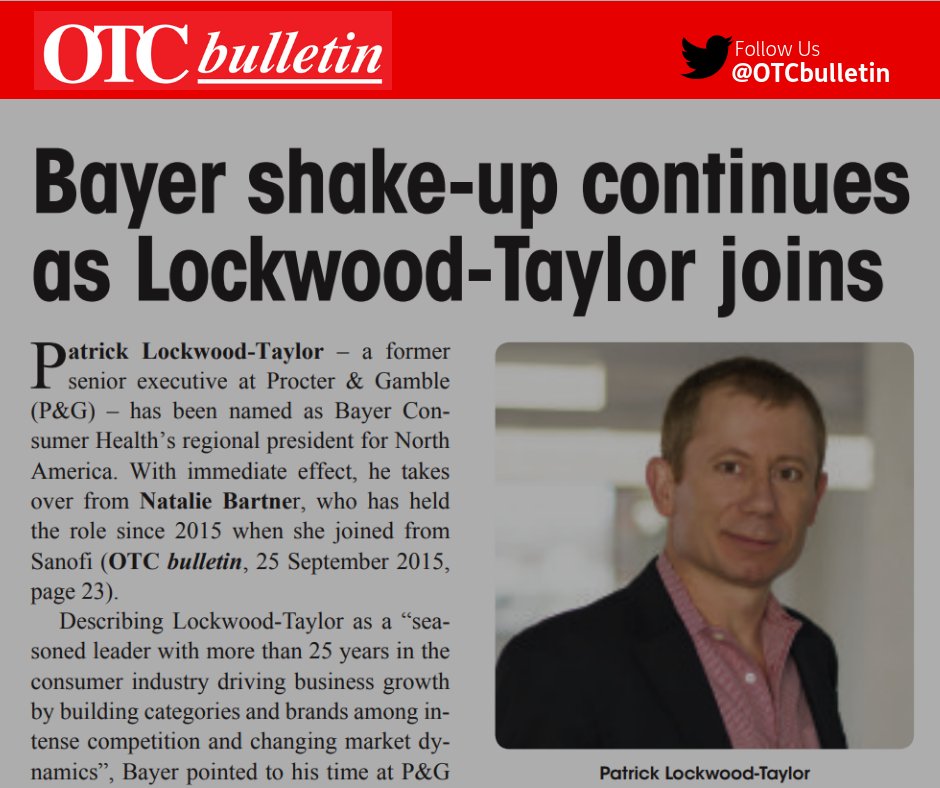OTC_Bulletin's tweet photo. #Bayer announces the appointment of Patrick Lockwood-Taylor as Regional President, Consumer Health, North America with immediate effect. Sign up for a FREE trial subscription of @OTCbulletin at https://t.co/kx5VtvKoWI #OTCbulletin https://t.co/G9FhDnP1AT