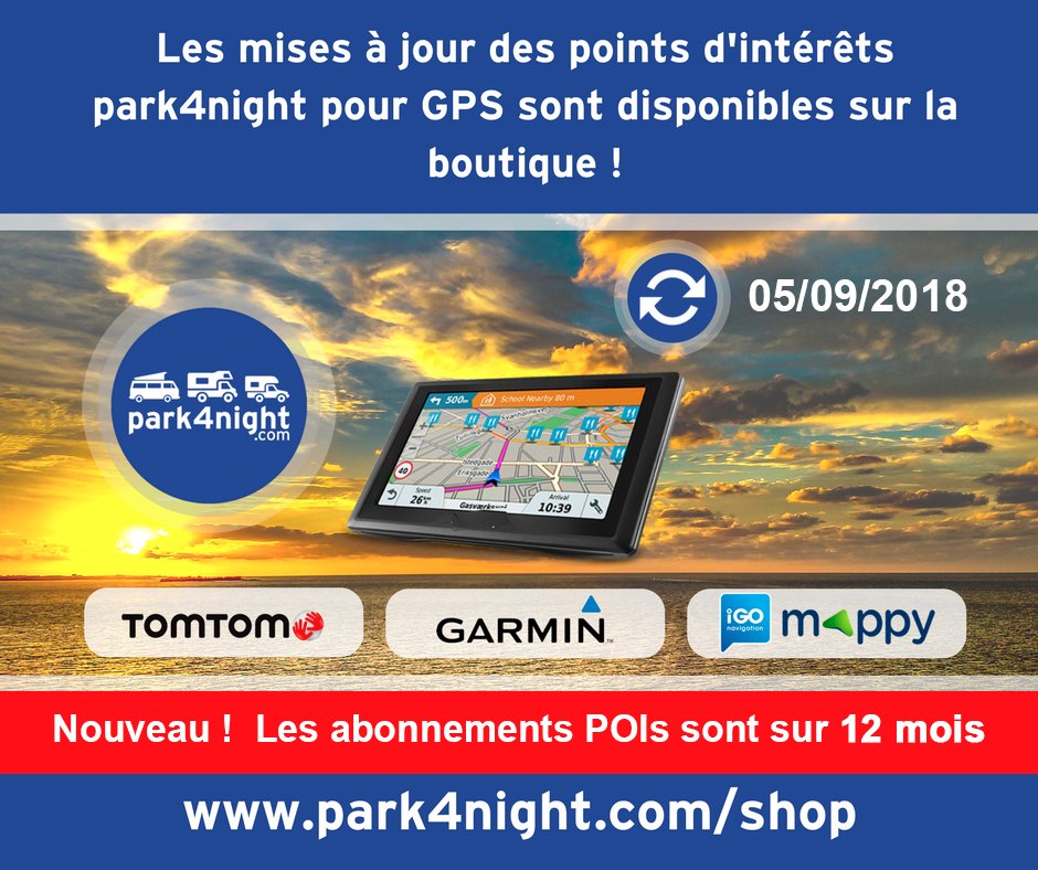 La mise à jour des points park4night pour GPS Tomtom, Garmin, iGO et Mappy est disponible sur la boutique.
21 mars 2018
Les abonnés aux POIs GPS de la boutique ont été averti par mail.
park4night.com/shop