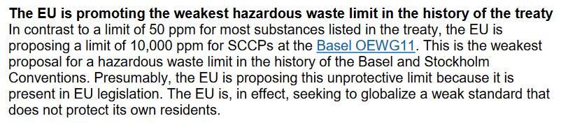 ToxicsFree's tweet photo. The #EU's dirty secret-> Why is @EU_Commission promoting the weakest #hazwaste limits in the history of the Basel & Stockholm Conventions?
Hint: They want to globalize a policy that does not even protect EU residents. See this #SCCPs explainer https://t.co/IlwjRfC5ze #OEWG11 https://t.co/yq5Tb7hop9