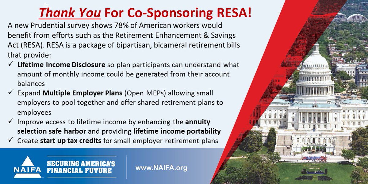 NAIFAAdvocacy's tweet photo. Thank you @SusanWBrooks for signing on as co-sponsor of H.R. 5282, the Retirement Enhancement and Savings Act which will make it easier for employers to help their employees save for #retirement #RESA #NAIFAAdvocacy @RepRonKind @MikeKellyPA #OpenMEPs @NAIFA @ACLINews #401k https://t.co/x5LT2FgtHE