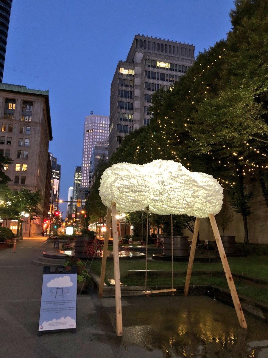 downtownvan's tweet photo. Next time you’re in the neighbourhood, “swing” by Lot 19 (on Hastings between the Vancouver Club and Terminal City Club) for some whimsical fun! #CloudSwing #DVBIA #DTVan https://t.co/oJwpE2ONsM