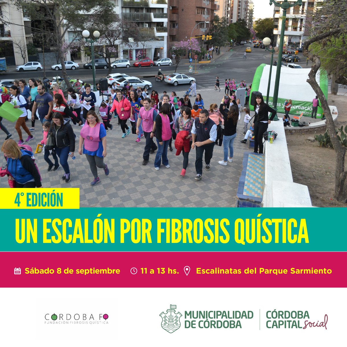 DeporteMuniCba's tweet photo. El sábado 08/09 subimos las escalinatas del parque sarmiento por una causa👉 “Un Escalón por FQ” es una actividad simbólica que busca difundir, educar y concientizar sobre la Fibrosis Quística. Evento libre y gratuito para el público. 
¡Te esperamos! #YoMeSumo @CordobaFq https://t.co/0vKcwPLknn