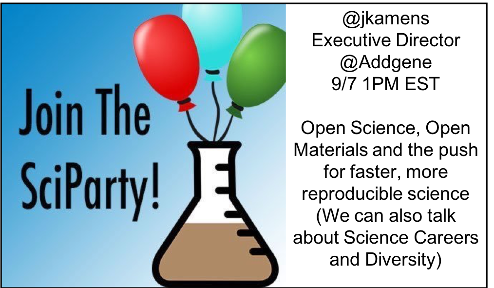 Addgene's tweet photo. Join @Addgene Executive Director @jkamens for the @SciParty #TweetChat. Of course she'll talk about #materialsharing, but there's a lot she can cover. Tune in! https://t.co/uaVUztQUxN