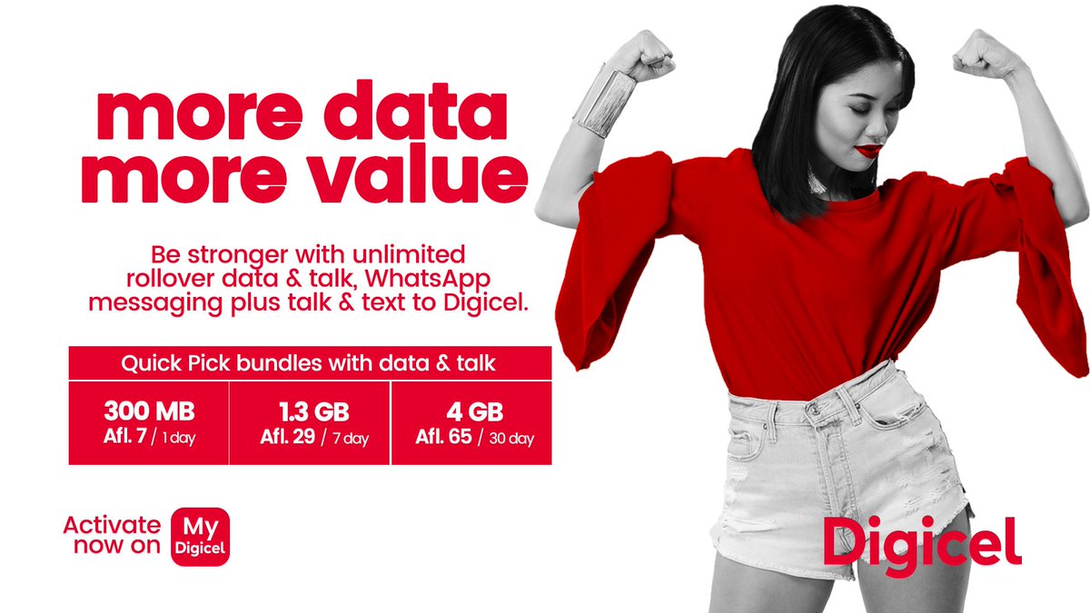 More data, more value! 💪☑️ Be stronger with unlimited rollover data &amp; talk, WhatsApp messaging PLUS talk &amp; text to Digicel. Check the new and improved Quick Pick Bundles with data &amp; Talk. 📈