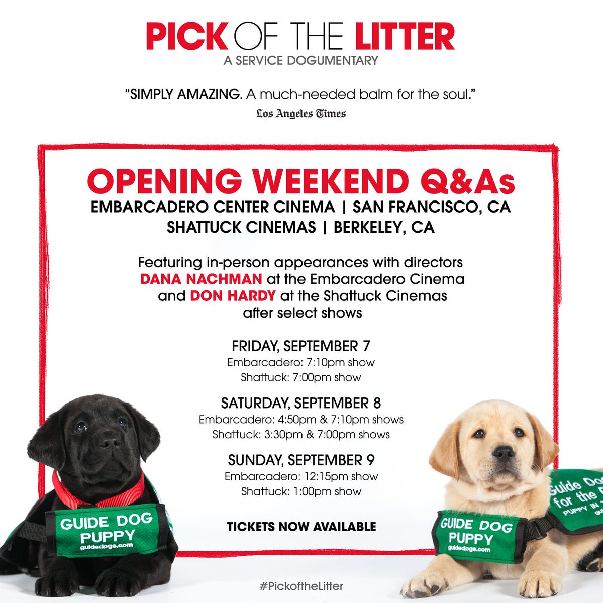 pickoflitterdoc's tweet photo. San Fran &amp; Berkeley, don't miss your chance to see the "Simply Amazing" (@latimes) dogumentary #PickoftheLitter this weekend with directors Dana Nachman and Don Hardy in-person for very special Q&amp;As!

SF TICKETS: https://t.co/qvD8IMFeGO
Berkeley TICKETS: https://t.co/25b7hoimO1 https://t.co/rZuXL5GlaZ