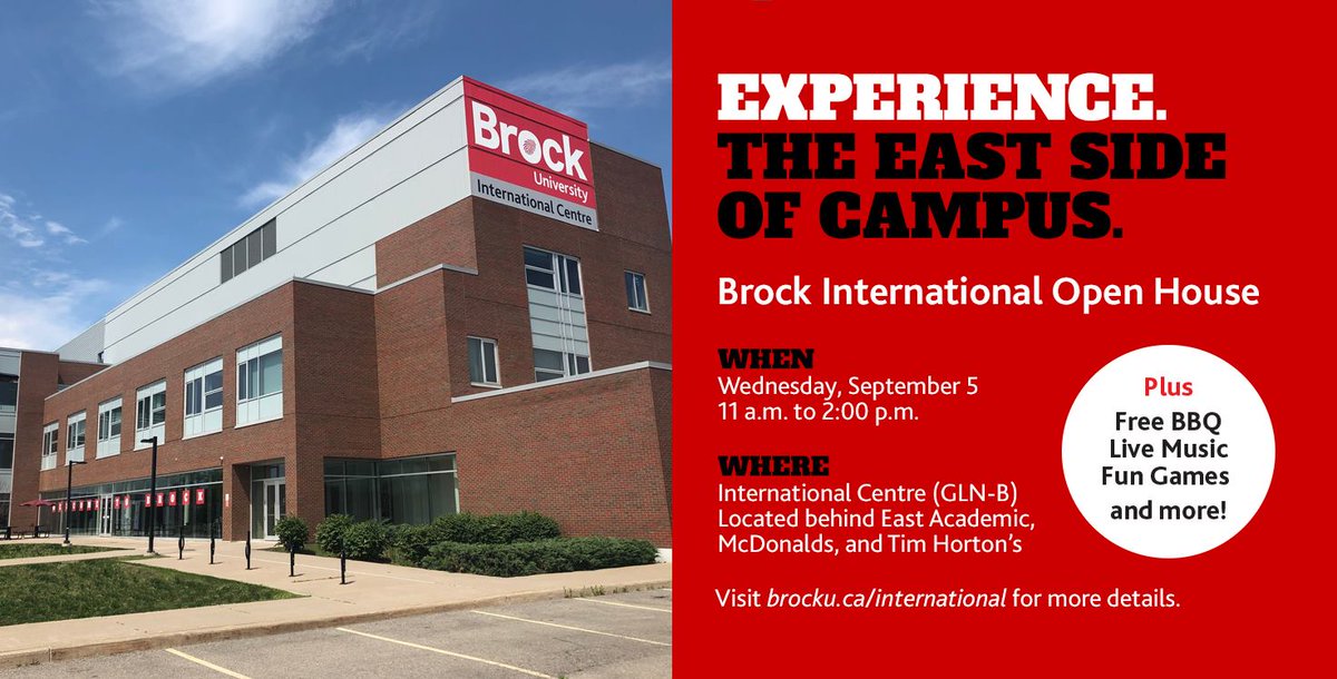 Experience the east side of campus! Attend Brock International Open House today from 11am to 2pm at the International Centre (behind East Academic / the McDonald's and Tim Hortons). Meet with international support staff and learn about exciting opportunities #BrockInternational